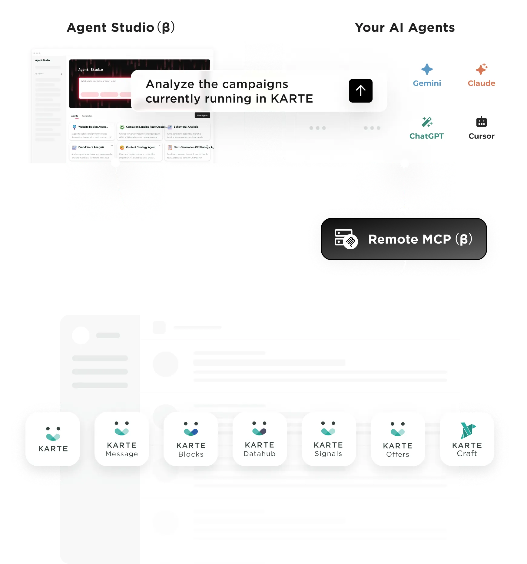 Autonomously execute KARTE functions using natural language, or integrate seamlessly with your own AI agents.